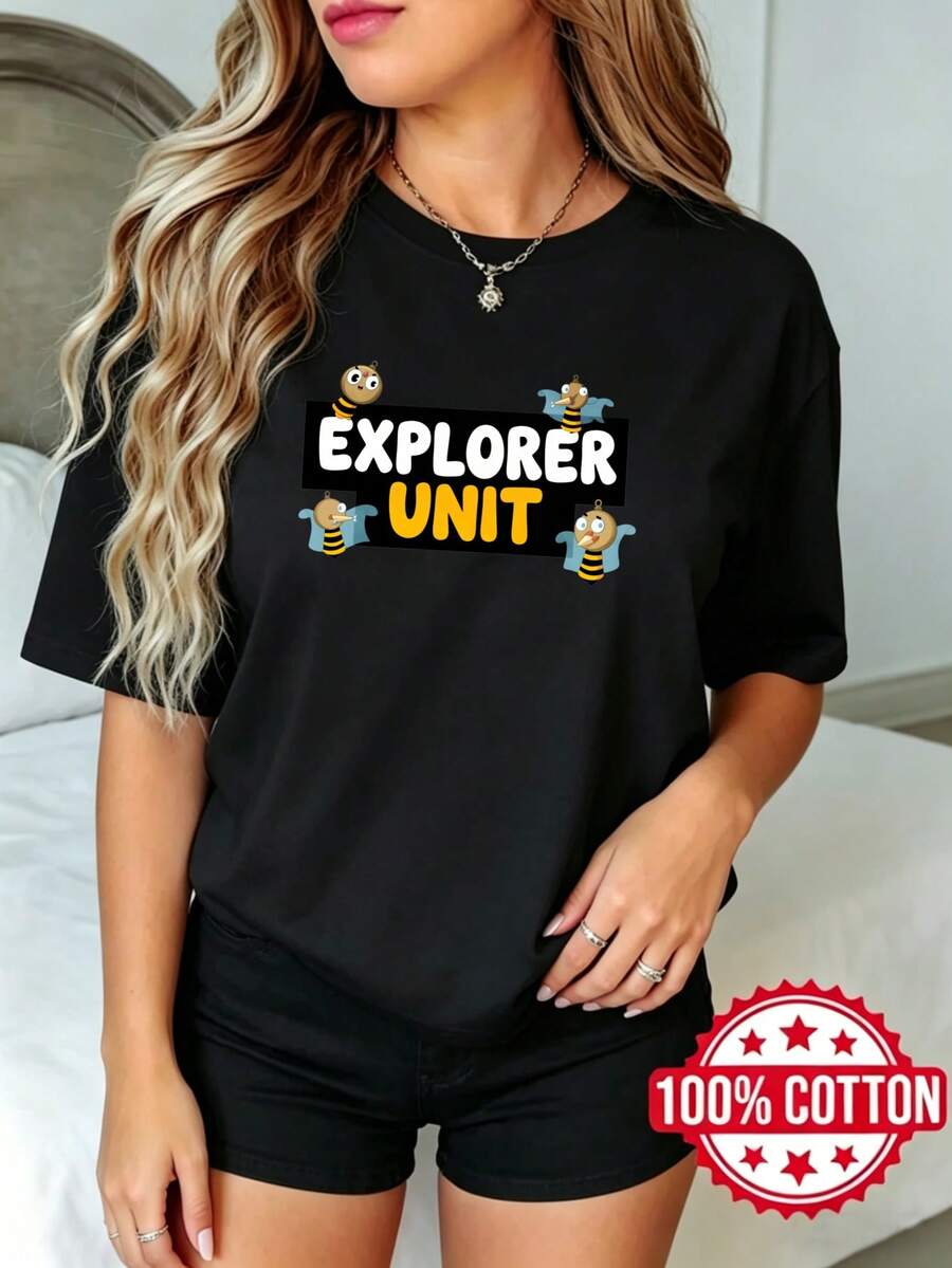 Camiseta negra de manga corta, cuello redondo y estampado para mujer de verano Diseño de Unidad Exradora Abeja S-3XL moda 100% aodón material