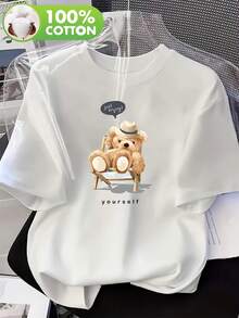 Playera gráfica casual juvenil para mujer y unisex, camiseta oversize con estampado de oso de peluche - Estilo Y2K, suave y transpirable, de manga corta con cuello redondo, corte holgado, camiseta casual de verano adecuada para todas las estaciones, lavable a máquina, ideal como regalo. - Blanco - Ver 7