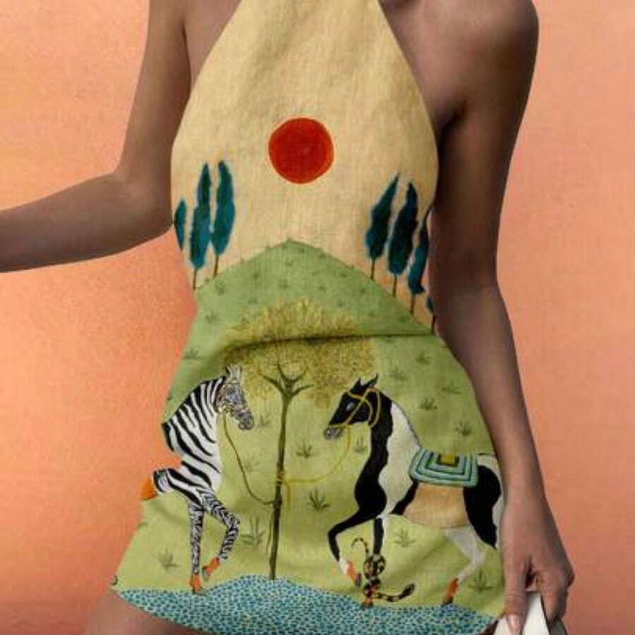 New Arrival Women's Fashion Elegant Casual Holiday Lawn Tree Sun Animal Print Sleeveless Mini Dress, Spring/Summer Party - Albaricoque - Ver 1