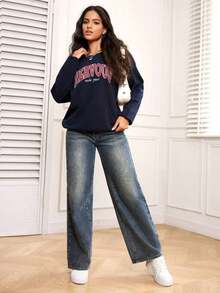 PETITE Jeans rectos de pierna derecha lavados de manera casual - Azul lavado oscuro - Ver 4