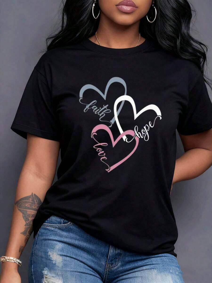 Corazones entrelazados con mensajes de fe esperanza y amor un símbolo profundo de unidad e inspiración para el alma femenina Camiseta de mujer algodón de alta calidad transpirable cómoda para el día a día-Vintage Street Style Unisex Loose Cotton Short Sleeve Crew Neck-Shirt - Negro - Ver 1