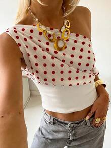 Camisetas con estampado de lunares de gato extraño para mujer, Tops cortos fruncidos con cuello oblicuo y hombros descubiertos, moda urbana sin espalda - Negro - Ver 2
