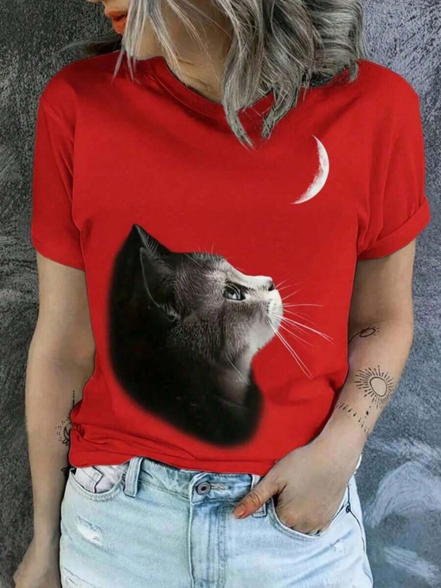 NewSummerCasualPlayera estampada de gato y luna, camiseta casual de manga corta y cuello redondo para primavera y verano, ropa de mujer 1 Sexy Casual Dulce Fiesta Elegante Alta elasticidad Playa Noche de fiesta Vacaciones Boda Deportivo Oficina Casa verano-Vintage Street Style Unisex Loose Cotton Short Sleeve Crew Neck T-Shirt - Rojo - Ver 1