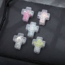 1件手工仿珍珠十字架念珠长项链吊坠，男女通用 - 玫紅色 - 查看 2