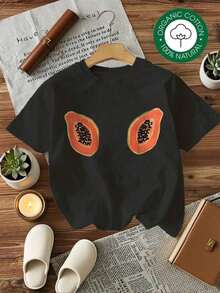 Women's Short-Sleeved Blouses, Soft Cotton Papaya Print T-Shirt, Gift For Friends, Valentine's Day, Summer Outfit, Fashionable Women's Summer Dresses, Casual, Perfect For All Seasons, Gym And Y2K Style, Round Neck, 100% Cotton, Soft Fabric, Short Sleeve, 100% Cotton. - 黑色 - 查看 1