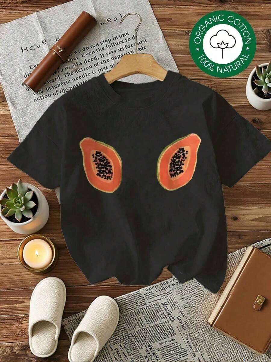Women's Short-Sleeved Blouses, Soft Cotton Papaya Print T-Shirt, Gift For Friends, Valentine's Day, Summer Outfit, Fashionable Women's Summer Dresses, Casual, Perfect For All Seasons, Gym And Y2K Style, Round Neck, 100% Cotton, Soft Fabric, Short Sleeve, 100% Cotton. - 黑色 - 查看 1