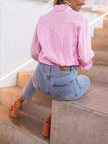 Camisa de manga larga a rayas casual y de uso diario para mujer, color rosa, para primavera - Rosa - Ver 2