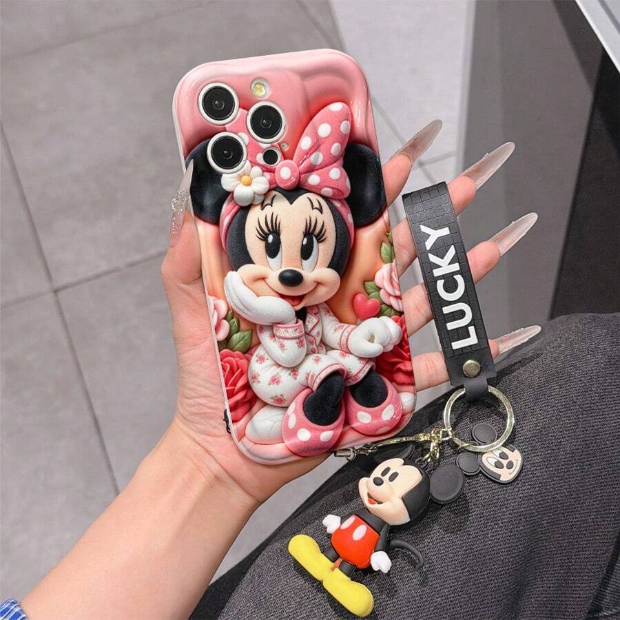 Disney Minnie Mouse Phone Case With Minnie Charm And Minnie Lanyard - Cute Minnie Protective Case With Floral Pajamas And Pink Rose Background Design, Equipped With Delicate Minnie Decorative Lanyard And Beaded Bracelet For Easy Carrying, Compatible With IPhone 17, 16, 15, 14, 13, 12, 11 Pro Series, Ideal For Birthdays, Holidays, Anniversaries, Graduation Gifts, Or Any Special Occasion To Surprise Family, Friends, Classmates, And Loved Ones. - trắng - Xem 1