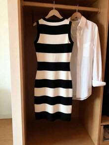 Vestido de mujer de cuello redondo ajustado sin mangas con estampado de rayas, primavera/verano - Multicolor 6 - Ver 2