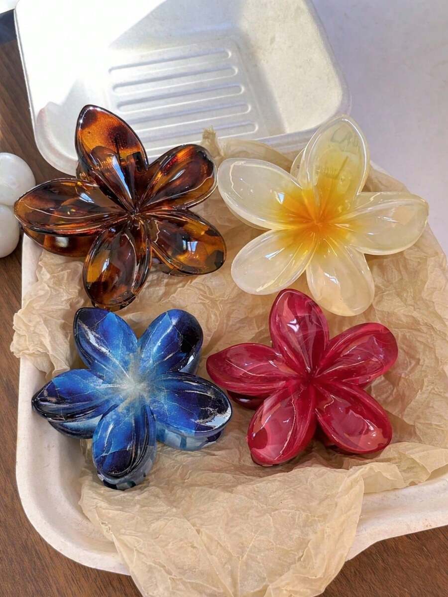 4入 8cm/3.15in 酒紅、藍、黃、玳瑁色大號水波紋花朵髮夾,高品質優雅極簡漸層髮飾,適合日常、休閒、派對、工作、度假、洗臉、化妝、海邊、穿搭搭配度假海灘抓夾 - 彩色 - 查看 1