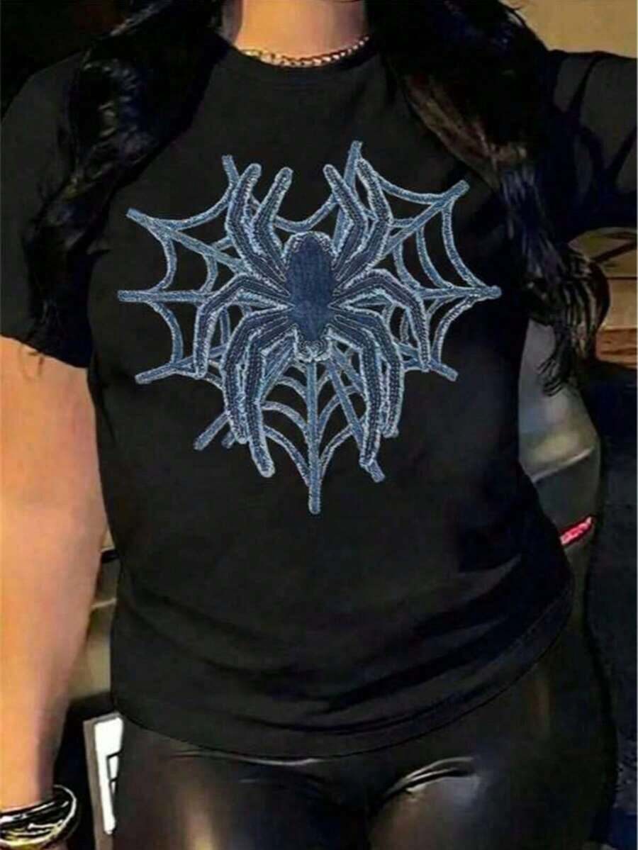 Free Shipping, Local Delivery In Mexico, Delivery In 4 Days. White Spider In A Scarlet Web Print T-Shirt With A Striking Design For Urban And Alternative Style. - Black (Blue Spider) - View 1