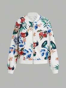 Chaqueta con cremallera con estampado floral casual para mujer - Multicolor 4 - Ver 6