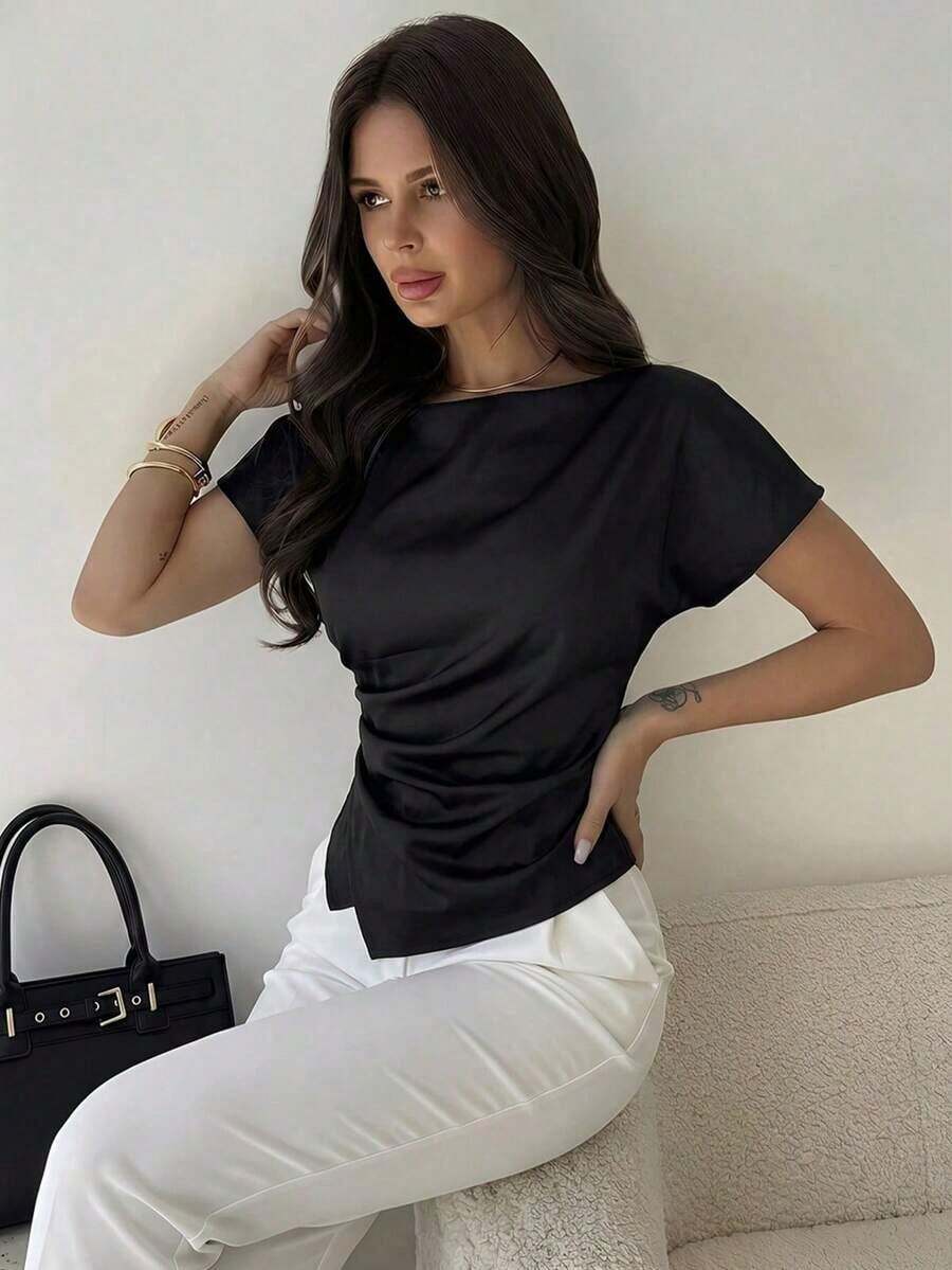 Blusa asimétrica casual y elegante a cuadros, adecuada para ir al trabajo, uso casual diario y vestimenta de negocios de moda para mujer / Vuelta al colegio / Profesora / Blusas para salir / Blusas para salir / Mujer de negocios casual / Camisa a - Negro - Ver 1