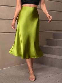 Falda de talle alto unicolor - Verde Oliva - Ver 8