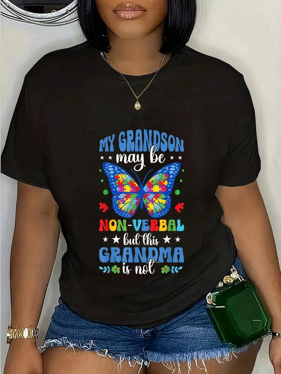 Talla Grande - Talla Grande - Talla Grande - Camiseta de Mujer "Guerrera del o" Abuela | Camiseta de Conciencia "Mi Nieto Puede Ser No Verbal" con Gráfico de Maosa - Camiseta Suave para el Día a Díara Abuelos - Ropa Casual de Regalo para Abuelos, Ropa de Apoyo