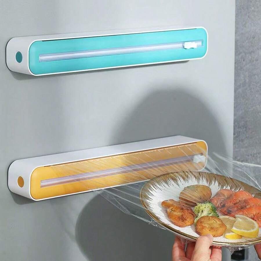 1 pieza Dispensador de película de envoltura de cocina 2 en 1 con cortador, dispensador de película de plástico con cortador deslizante, cortador de película de envoltura con ventosa reutilizable, dispensador de película de envoltura de cocina, cortador de sellador de bolsas, dispensador de película de envoltura multifunción con cortador