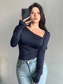 Blusa casual de manga larga con cuello asimétrico y unicolor, para uso diario - Azul marino - Ver 5