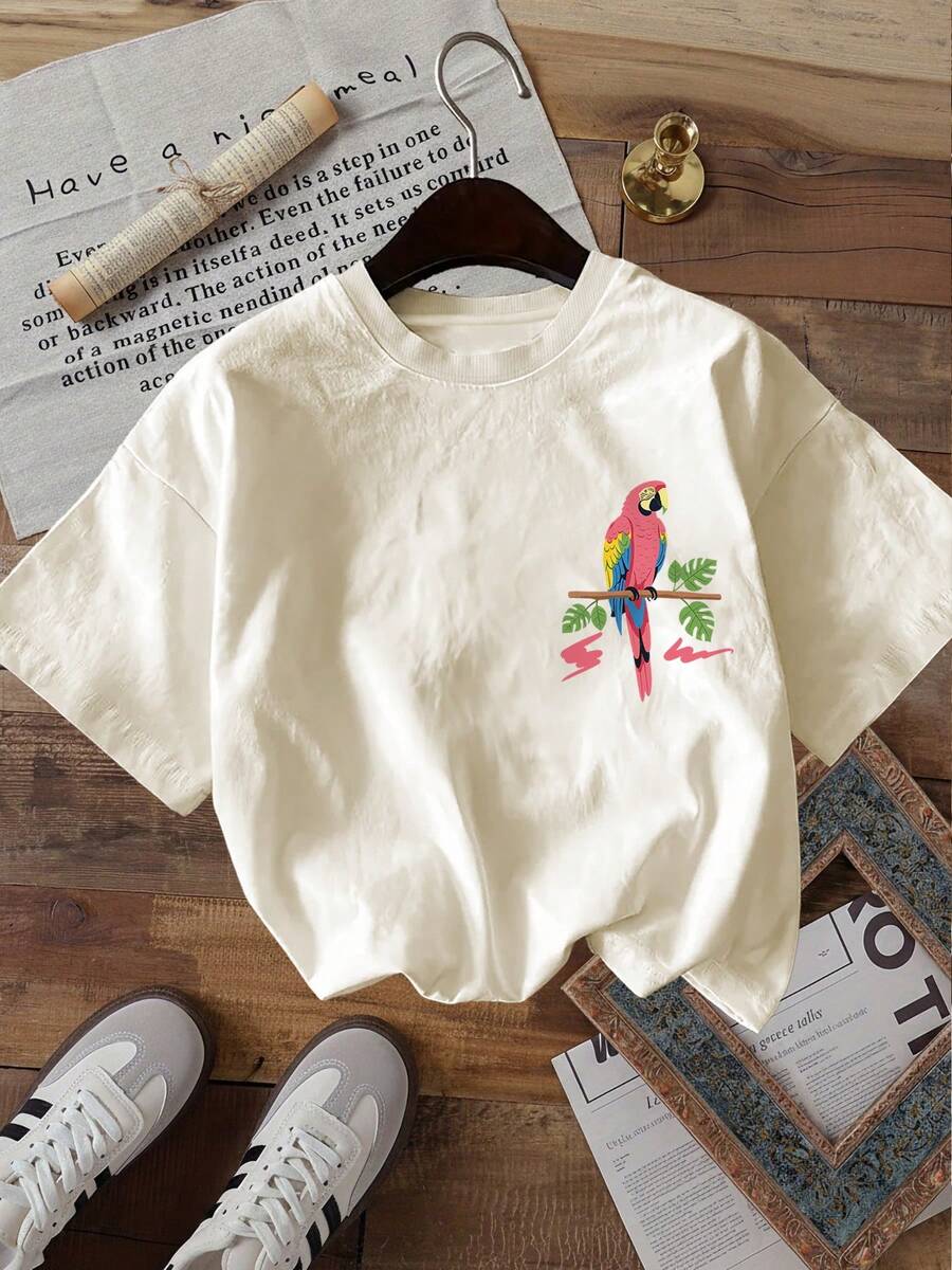 [Double-Sided Print] Fashionable Women's Top, Women's Summer Clothes, Tropical Style, Short Sleeve T-Shirt With Round Neck And Parrot Print And RIO DE JANEIRO TROPICAL Text, Women's Winter Clothes - 杏色 - 查看 1