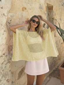 Elegante top de mujer de primavera/verano, de punto rosa, con cuello redondo, sólido, semitransparente, con capucha y detalles de lentejuelas calados, para uso casual, vacaciones y playa - Amarillo - Ver 4