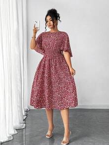 Vestido midi de línea A con cuello redondo, mangas con volantes y cintura recogida, con estampado floral pequeño, elegante y casual, talla grande para mujer - Rojo - Ver 4