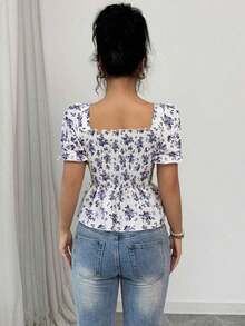 Blusa de mujer con estampado floral diminuto, mangas abullonadas y dobladillo con volantes - Púrpura malva - Ver 2