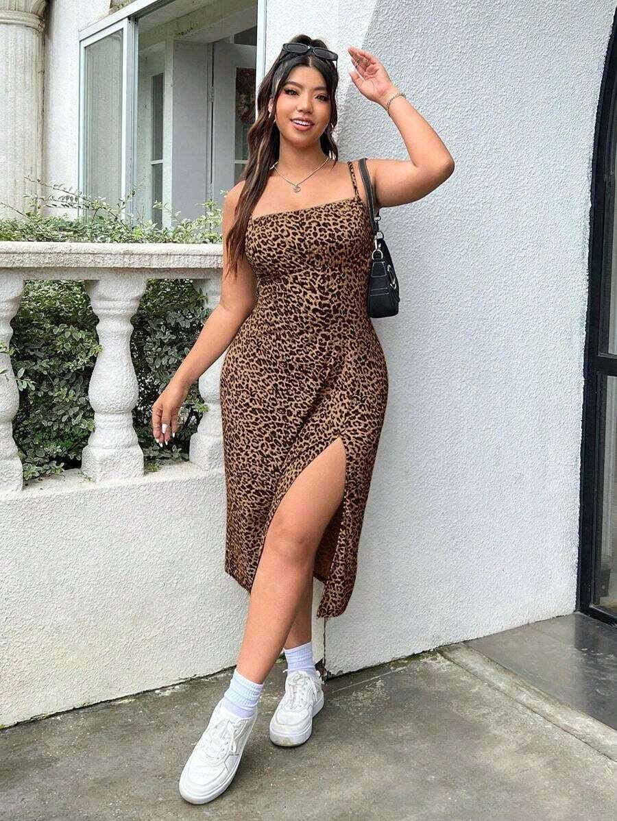 Vestido midi ajustado sin mangas con abertura lateral, busto fruncido, estampado de leopardo y estampado animal, de estilo casual y sexy, ligero para fiestas, vacaciones de verano y principios de otoño, para mujeres de talla grande - Marrón - Ver 1