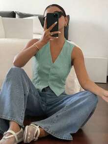 Top sin mangas blanco puro con bordado, de estilo "Old Money", casual y lindo para verano, para salir - verde menta - Ver 6