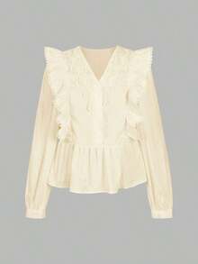 ii Blusa de manga larga con volantes, parches de encaje y unicolor casual blanca para primavera - Albaricoque - Ver 4