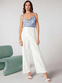 Top de satén sin mangas para mujer, elegante y romántica de unicolor, para uso casual y de negocios, adecuada para oficina, diario, otoño - Azul - Ver 7