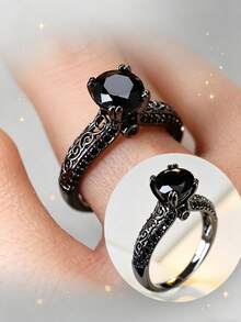 1pc Vintage Black Zirconia Ring, Niche Luxury Distressed Design Personalized Finger Ring For Women - JZ20316 - View 2