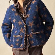 BohoFeels Boho Spring/Winter Outerwear, Women's Casual Vintage Star Jacquard Dual Pocket Versatile Long Sleeve Open Fuzzy Vintage Loose Knit Cardigan, Western Country Style Concert Vacation Suitable For Beach Vacation & Daily Wear & Back To School & Going Out & Party , New Year , Valentines ,Vintage 2000s , Y2k Summer Holiday , Beach - Burdeos - Ver 6