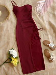 Vestido de mujer con textura de gofre tejido, diseño ajustado con abertura y cordón, adecuado para fiesta, cita, sexy, té de la tarde, playa, verano, festival de música, temporada de bodas - Burdeos - Ver 1