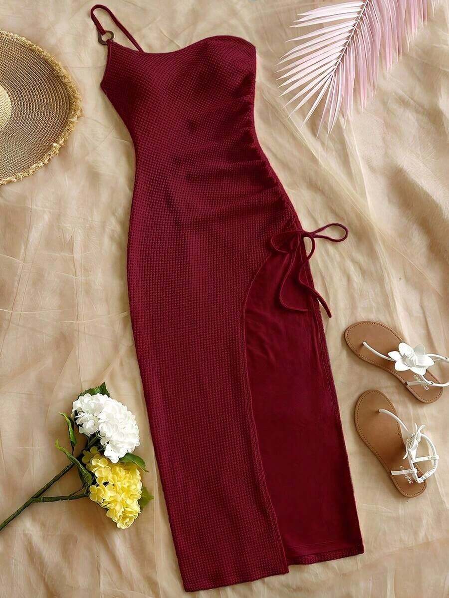 Vestido de mujer con textura de gofre tejido, diseño ajustado con abertura y cordón, adecuado para fiesta, cita, sexy, té de la tarde, playa, verano, festival de música, temporada de bodas - Burdeos - Ver 1