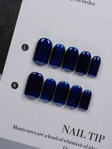 10pcs Short Square Handmade Press-On Nails, With Nail Art Tools, Solid Deep Sapphire Blue High Gloss Fake Nails, Brighten Skin Tone, Transparent Nail Tips, Suitable For Office Commute, Mature Style, Party Looks And Holiday Gifts - Multicolor - View 2