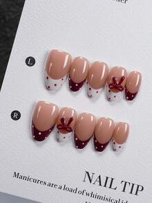 10pcs Short Almond-Shaped Handmade Wearable Nails (Including Manicure Tools), Sweet & Cool Wine Red Polka Dot 3D Bow French Manicure, Glossy False Nails, Ideal For Daily Commute, Valentine's Day Date, Gathering With Friends, And Holiday Gifts - Multicolor - View 2