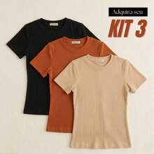 Set Of 3 Basic Ribbed Knit Blouses For Women, Babylook Premium Casual Everyday Wear - 赤陶色 + 黑色 + 米色 - 查看 1