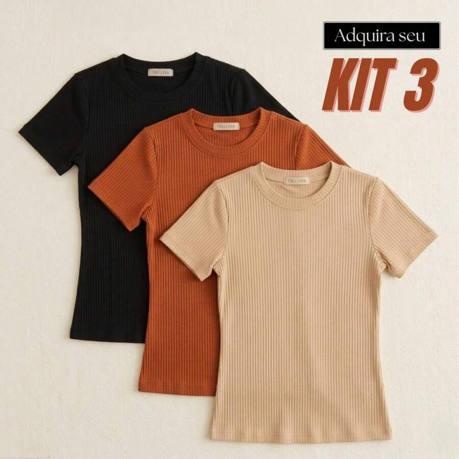 Set Of 3 Basic Ribbed Knit Blouses For Women, Babylook Premium Casual Everyday Wear - 赤陶色 + 黑色 + 米色 - 查看 1
