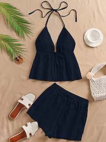 Conjunto de 2 piezas con top de cuello halter con volantes y shorts de unicolor - Azul marino - Ver 1