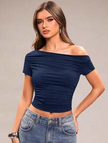 corta de manga corta asimétrica con hombros fruncidos de unicolor, ajustada, para vacaciones, primavera/verano - Azul marino - Ver 9