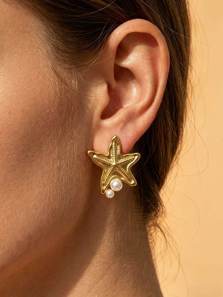 Summer Starfish & Pearl Earrings, Fashion Metal Shell Stud Earrings, Beach Vacation Style Jewelry Gift, Round White Pearl Earrings Suitable For Girls Faux Pearl Geometric Flower Earring Set, Women's Summer Beach Stud Earrings Jewelry, Suitable For Formal, Festival, Wedding, Daily, Music Festival, Beach Vacation Extremely Suitable For Valentine's Day, Birthday, Mother's Day