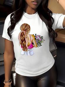 Chica de espaldas con larga melena dorada sostenida por lazo rosado sujeta un ramo de flores que simboliza libertad y frescura diaria camiseta de mujer casual moderna - Blanco - Ver 5