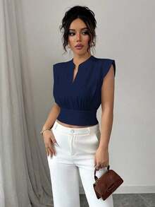 Nueva camiseta sin mangas ajustada para mujer con cuello alto de punto, media cremallera frontal y estilo informal - Azul marino - Ver 4