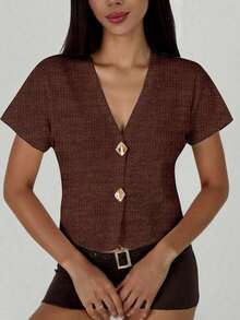 Cárdigan delgado de mujer con contraste de color retro, adecuado para salidas, estilo callejero, aeropuerto, vacaciones en la playa, viajes al trabajo, fiestas de boda, festivales, estilo bohemio, romántico y elegante - Color caoba - Ver 2