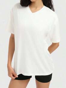 Camiseta holgada para mujer de manga corta y cuello redondo, camisa casual estilo Y2K, básica para deportes de verano - Blanco 2 - Ver 3