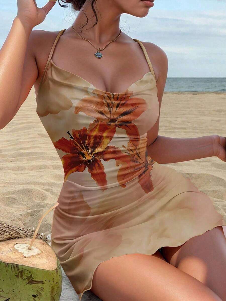 Vestido mini con cuello drapeado con estampado floral de hibisco naranja y amarillo en estilo retro vacacional elegante para mujer - Salidas, playa, bodas, cumpleaños, fiestas, chic, festival occidental, chica de isla vintage, vacaciones en la , - Multicolor 13 - Ver 1