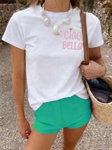 1 pieza [Impresión a doble cara] Blusa holgada de estilo vintage para mujer, con diseño de rayos y estampado "Ciao Bella", manga corta, cuello redondo, casual, blanca, 100% algodón. - Blanco - Ver 3