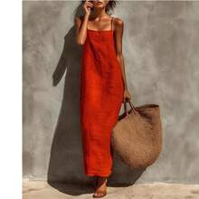 Women's Linen Blend Slip Maxi Dress, Square Neck Sleeveless Casual Dress For Beach & Vacation - 紅色 - 查看 2