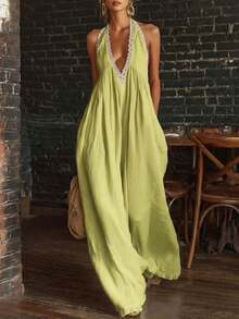 Mono de lino suelto con encaje para mujer, elegante y cómodo para uso casual - amarillo verdoso - Ver 1