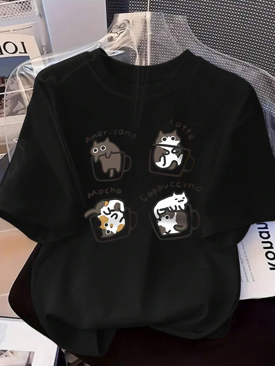Camisetas Populares: Nueva  de Moda para Primavera y Verano, Camiseta de Manga Corta con Cuello Redondo para Mujer, Versátil y Moderna, Tops de Manga Corta de Marca - Negro - Ver 1