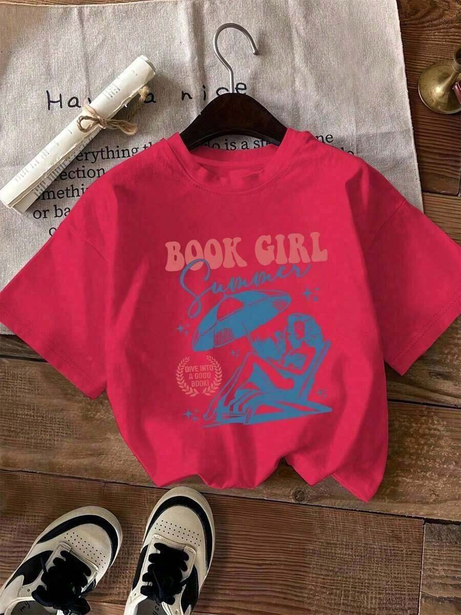 Blusa de manga corta, nueva y de gran , blusas vintage, top lindo, 100% algodón, camisas para hombre, camisetas gráficas Manfinity para hombre, camiseta con estampado de amante de libros para mujer - Diseño de verano que muestra a una mujer leyendo y estrellas, hecha de fibra de poliéster elástica, cuello redondo, top casual de manga corta, lavable a máquina, adecuada para amantes de los libros, 100% algodón. - Rojo - Ver 1